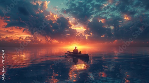 Surreal depiction of a man paddling on a canoe, adrift in the vastness of the sea, exploring themes of solitude and introspective contemplation.