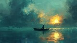 Artwork portraying a solitary figure on a canoe drifting in the open sea, representing the concept of solitude and self-discovery amidst nature's vastness.