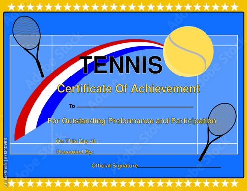 Certificate of achievement in tennis, player diploma vector template with ball and tennis court. Sports team award diploma for participation in Tennis tournament. Yellow ball.