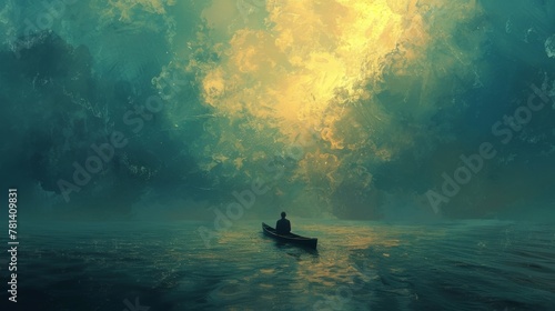 Conceptual artwork portraying a man adrift on a canoe in the middle of the sea, exploring the themes of solitude and inner reflection. photo