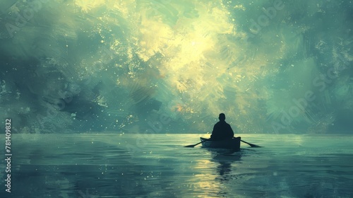 Conceptual artwork portraying a man lost at sea, paddling on a canoe, symbolizing the journey of solitude and self-discovery.