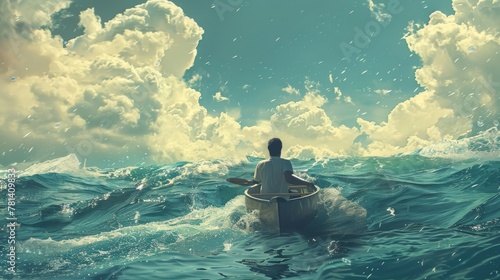 Conceptual artwork portraying a man lost at sea, paddling on a canoe, symbolizing the journey of solitude and self-discovery.