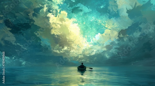 Conceptual artwork depicting a lone adventurer in a canoe, lost in the vastness of the ocean, symbolizing the journey of solitude and introspection.