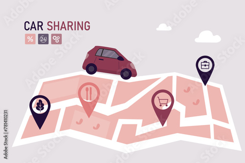 Car sharing service. Share automobile for commuting. Rental service, online app. Auto on road, city map with cars location and navigation system, select your auto for sharing.