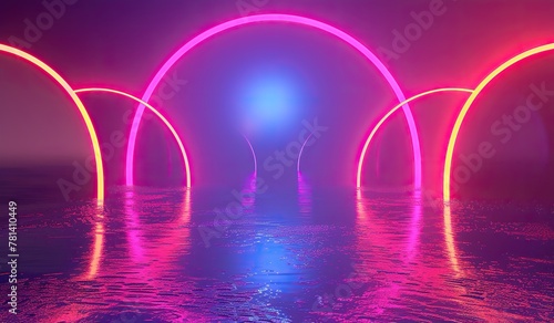 Futuristic neon arches over reflective water surface at night