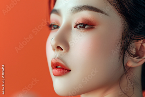 Pretty woman of Asian appearance makeup luxury charm monocolor background