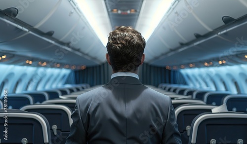 Man in business suit sitting alone in airplane cabin