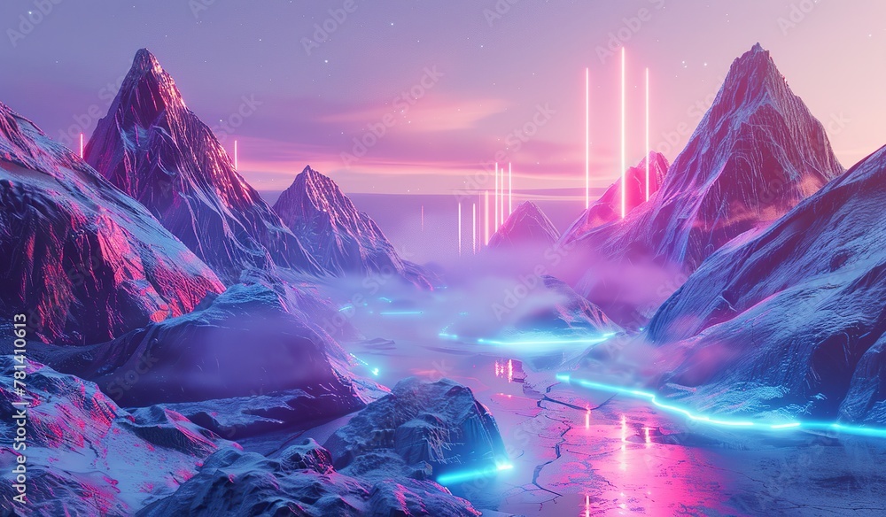 Ethereal neon landscape with misty mountains and luminous rivers