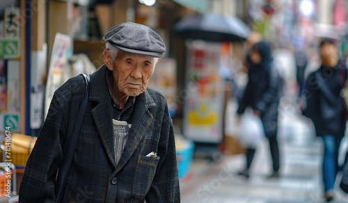 Elderly Asian man in stylish attire on urban street