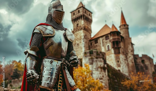 Medieval knight in full armor before an ancient castle photo