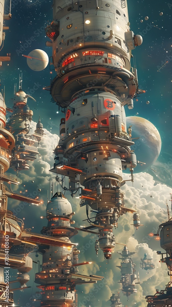 Futuristic Interstellar Marketplace with Floating Space Colonies and Animals Trading with Cryptocurrency Futuristic Interstellar Marketplace with Floating Space Colonies and Animals Trading with Cryptocurrency