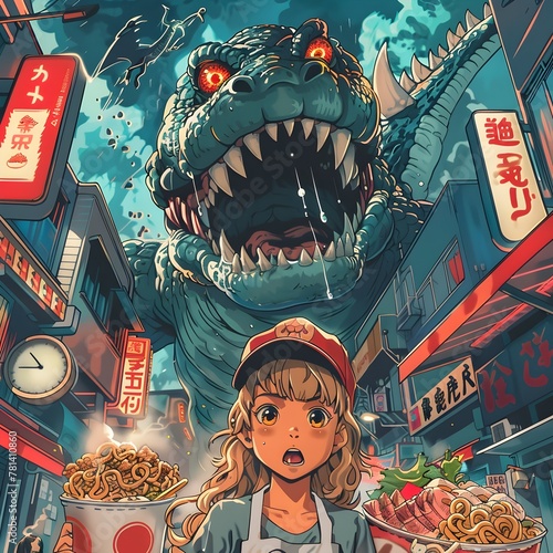 Kaiju Crashes Beloved Anime Inspired Ramen Festival in Neon Lit Urban Cityscape