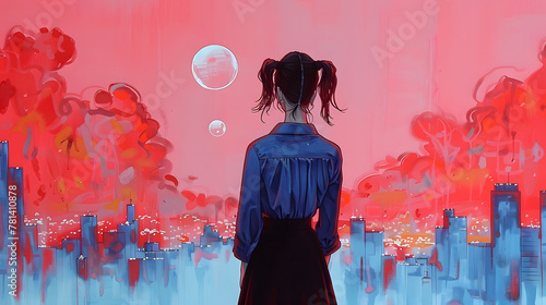 Back view of an anime girl with twin ponytails standing against a backdrop of a red dystopian cityscape with floating orbs