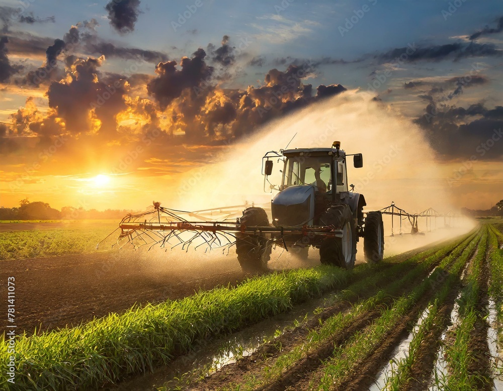 Fototapeta premium tractor driving an agricultural crop at sunset 
