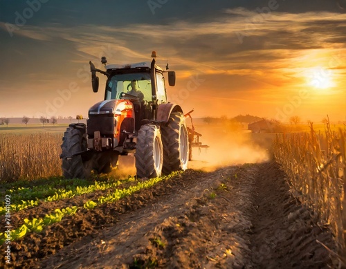 tractor driving an agricultural crop at sunset 