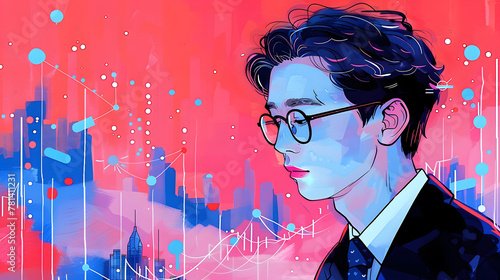 Digital art of a businessman in profile view with glasses against an abstract, data-inspired cityscape backdrop in blue and red tones