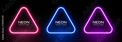 Neon light triangle. Abstract shape glow. Laser frame on a black background. Geometric led effect. Set of vector fluorescent banners.