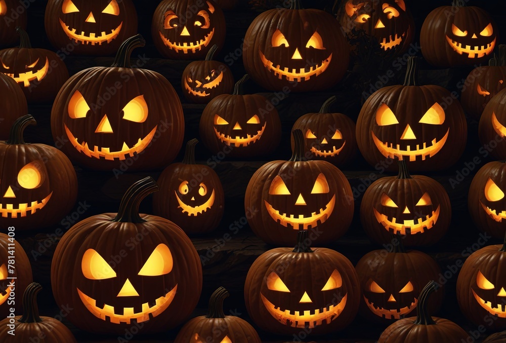 4K illustration of illuminated carved pumpkins with different smiling faces in darkness at Halloween night 4K illustration of illuminated carved pumpkins with different smiling faces in darkness at Halloween night