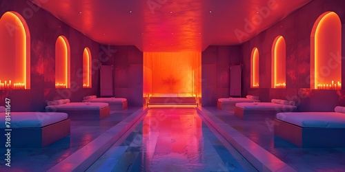 Serene and Soothing Spa Oasis with Vibrant Neon Ambiance and Calming Reflection Pool for Relaxation and Rejuvenation