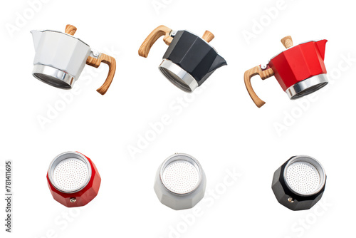 Set of Red Moka pots coffee maker isolated over white background
