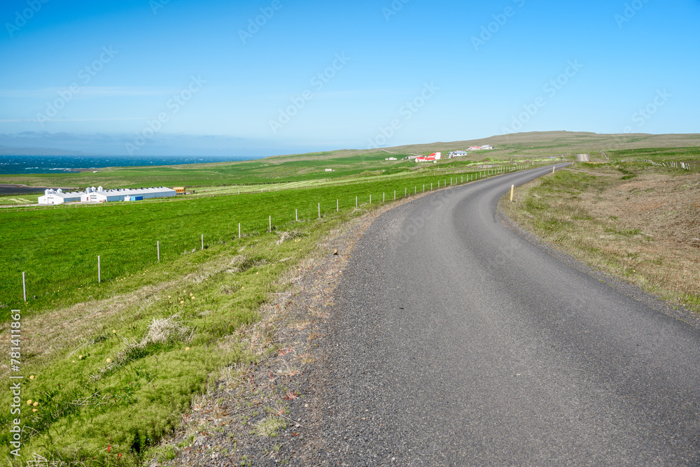 Desertefd back road through a rural landscape with grassy fields and farm buildings in Iceland on a sunny summer day Desertefd back road through a rural landscape with grassy fields and farm buildings in Iceland on a sunny summer day