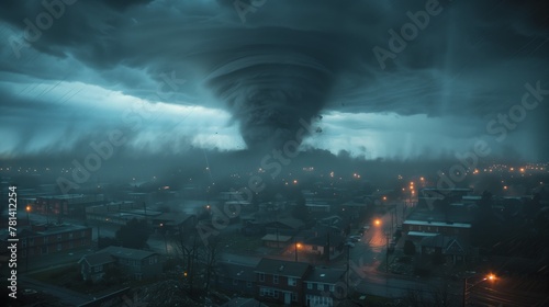 Impending Tornado Over Residential Area at Night