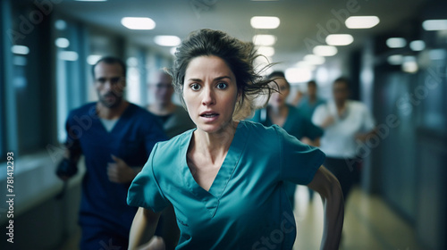 Female nurse in motion within a hospital setting  evoking urgency and dedication amidst the demands of emergency healthcare