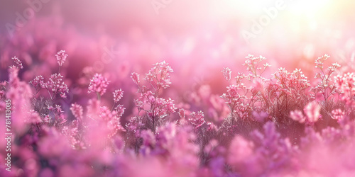 Bright Pink Flowers in a Sunlit Field Amongst a Radiant Backdrop of the Setting Sun