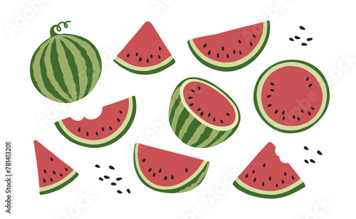 Set of watermelon simple vector flat illustration. Ripe fruit pieces and slices  whole tasty watermelon. Fresh natural and organic food. Isolated on background.