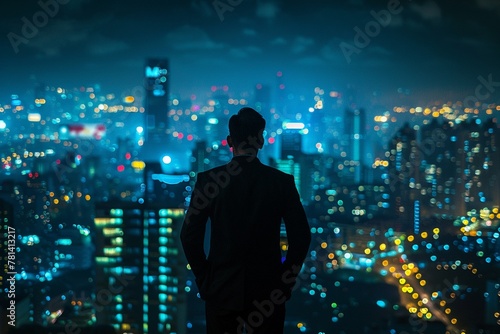 A contemplative businessman views a glittering cityscape at night