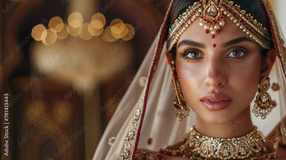 A portrait of a beautiful Indian bride dressed in traditional attire with intricate jewelry