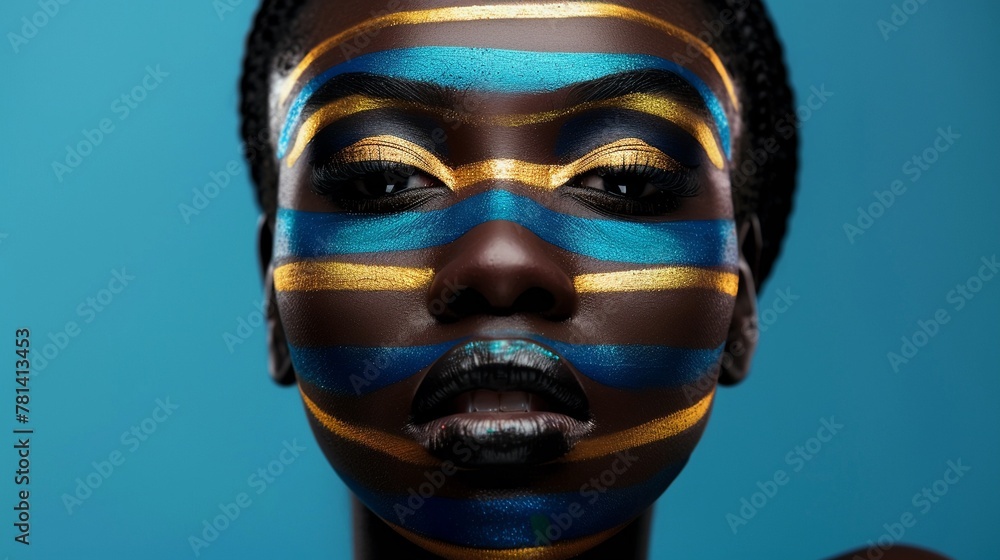 A portrait showcasing artistic makeup with bold metallic blue and gold stripes on an African womans face A portrait showcasing artistic makeup with bold metallic blue and gold stripes on an African womans face