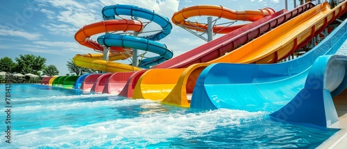 A set of colorful water slides in an outdoor aquapark