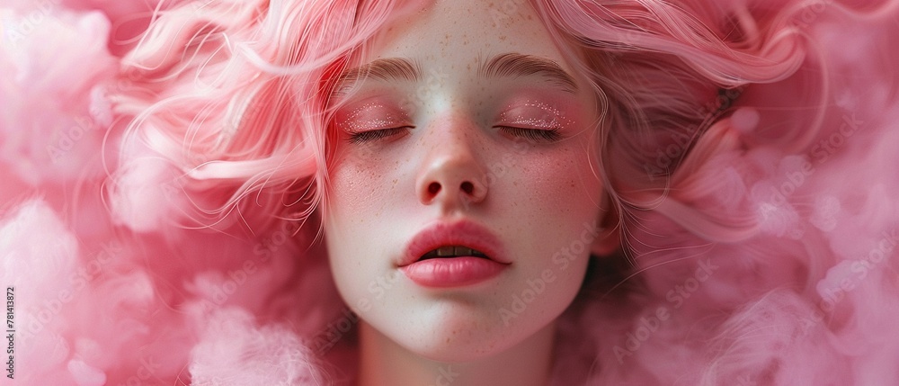 Ethereal beauty portrait of a woman with soft pink cotton candy-like hair and a dreamy expression. Ethereal beauty portrait of a woman with soft pink cotton candy-like hair and a dreamy expression.