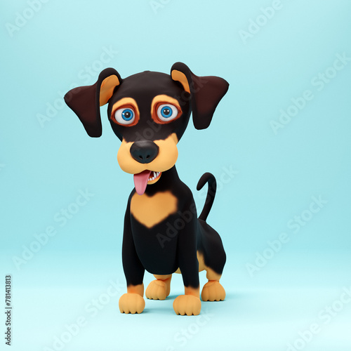 Cute dachshund dog staying on blue background. 3D cartoon character
