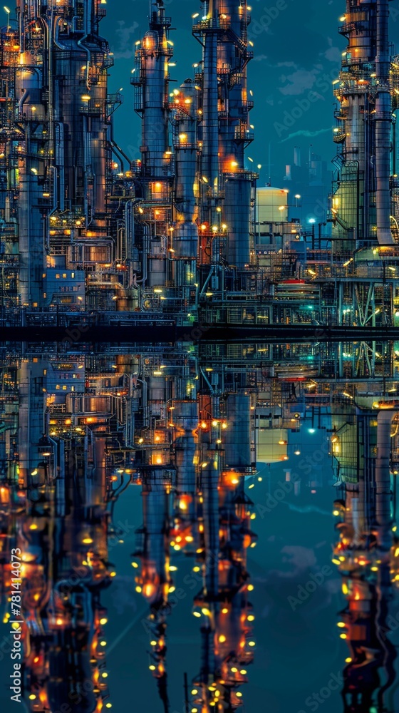 Fototapeta premium The intricate structures of a petrochemical plant illuminated at twilight