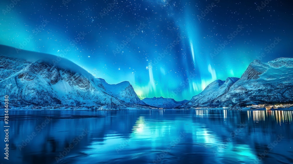 beautiful landscape with northern lights from a large lake