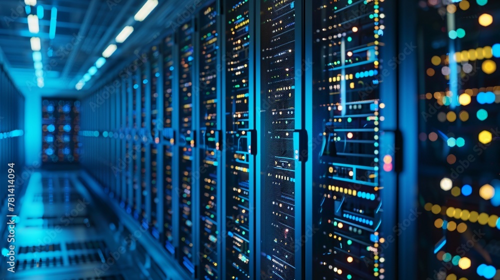 Rows of dedicated servers mining Bitcoin in a high-tech cryptocurrency farm. Rows of dedicated servers mining Bitcoin in a high-tech cryptocurrency farm.