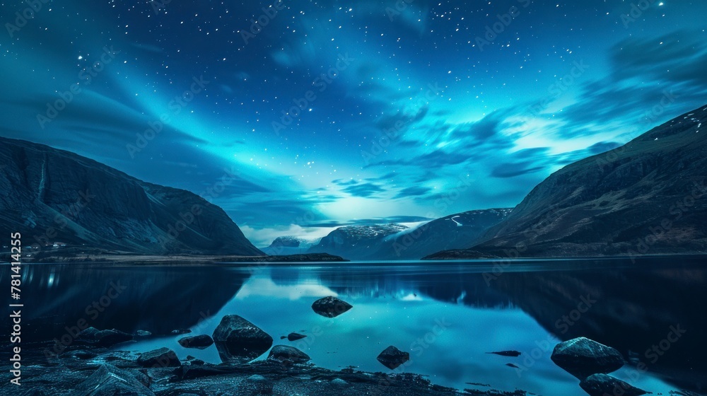 beautiful landscape with northern lights from a large lake and mountains