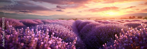 Lavender Field at Sunset, Purple Flowers Landscape, Morning Lavender Fields, Copy Space photo