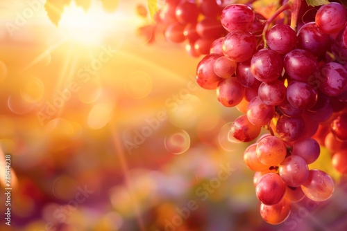 a bunch of red grapes hanging from a vine with the sun shining through them