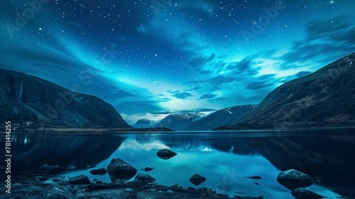 beautiful landscape with northern lights from a large lake and mountains © Marco