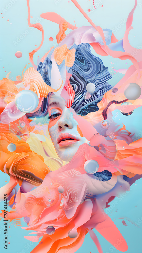Collage surréaliste et formes organiques vibrantes avec visage de femme