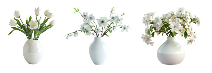 Set of vases with beautiful white flowers, png file with cutout object and isolated with shadow on transparent or white background.