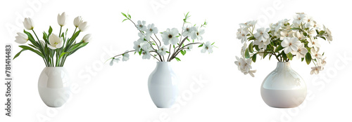 Set of vases with beautiful white flowers, png file with cutout object and isolated with shadow on transparent or white background.