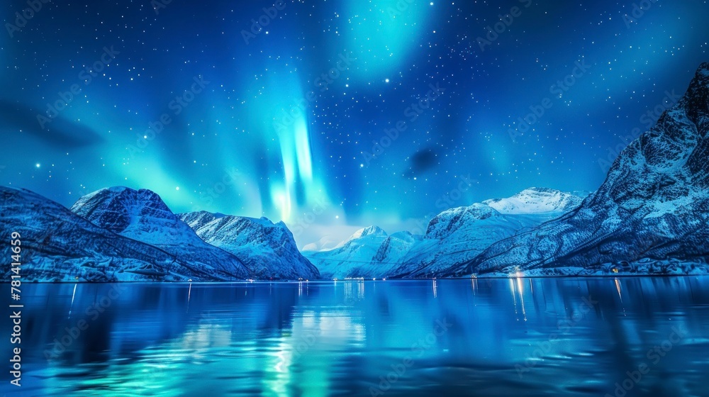 beautiful landscape with northern lights from a large lake and beautiful mountains at night in high resolution