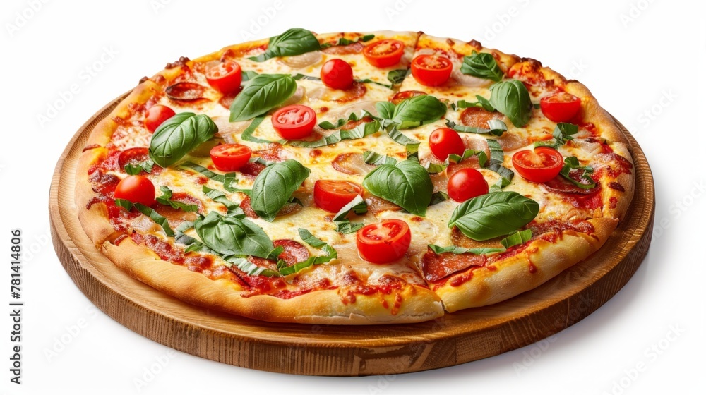 Close up of pizza with tomatoes and basil on wooden board