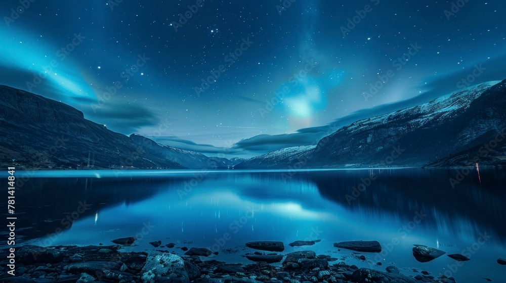 beautiful landscape with northern lights from a large lake and beautiful mountains at night in high resolution and high quality