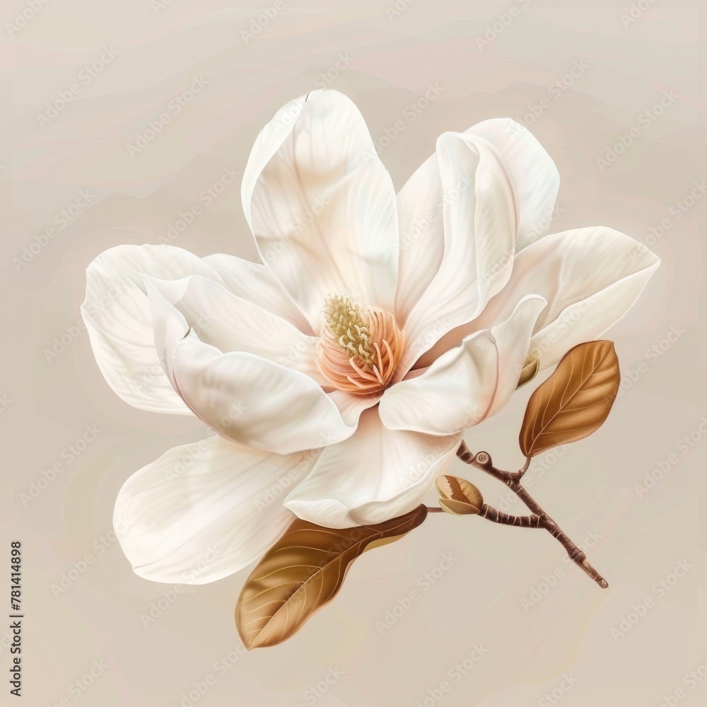 Magnolia Flower Isolated, Vintage Painting, White Magnolia Drawing Imitation, Luxurious Spring Flowers
