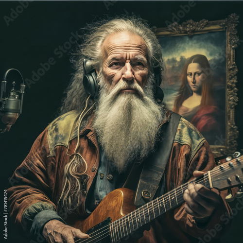 Anachronic representation of the famous artist Leonardo Da Vinci in a rocker version. photo